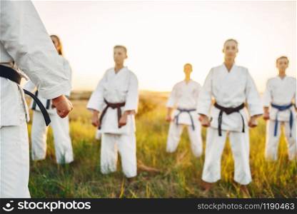 Karate fighting team in white kimono on training with master in summer field. Martial art workout outdoor, technique practice. Karate team on training with master in field