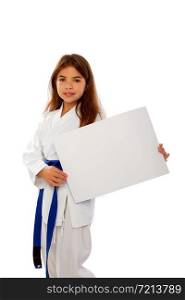 karate girl with a blue belt and a white kimono is holding a blank sheet of paper with a place for text. Karate Girl Uniform