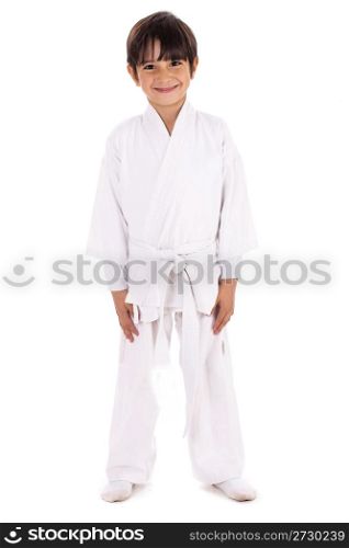 Karate kid in uniform on white isolated background