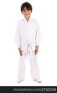 Karate kid in uniform on white isolated background