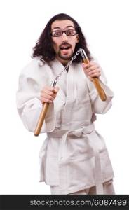 Karate man with nunchucks isolated on white