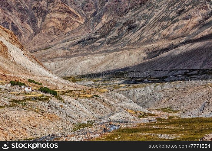 Kardung village in Himalayas mountains near Kardung La Pass . Ladakh, India. Kardung village in Himalayas