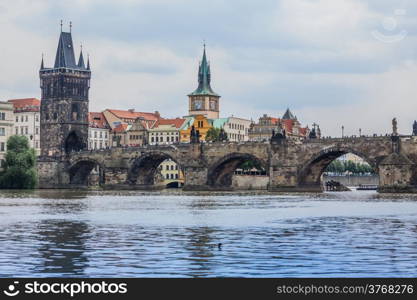 Karlov or charles bridge and river Vltava in Prague in summer