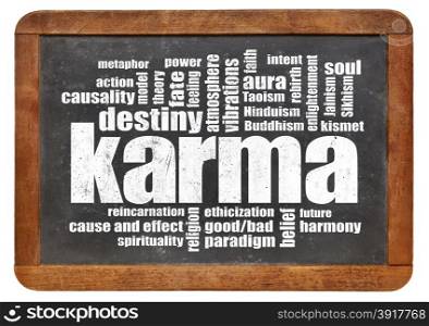 karma word cloud on a vintage slate blackboard isolated on white - spirituality concept
