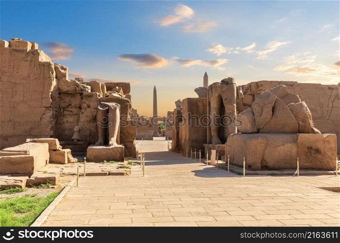 Karnak Temple, ruins of the Third and Fourth pylons and Thutmose I Obelisk, Luxor, Egypt.. Karnak Temple, ruins of the Third and Fourth pylons and Thutmose I Obelisk, Luxor, Egypt