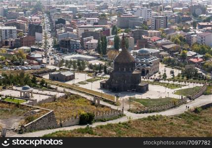 KARS, TURKEY - OCTOBER 8: View of the city center from Kars castle on October 8, 2018 in Kars, Turkey. Kars is a city in northeast Turkey and the center of Kars Province.