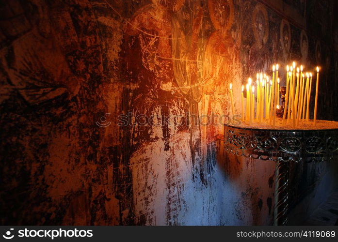 Kastoria, candles, Byzantine church, Greece