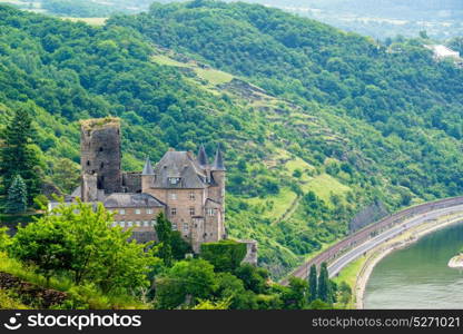 Katz Castle at Rhine Valley (Rhine Gorge) near St. Goarshausen, Germany. Built in 1371 and rebuilt in 1896.