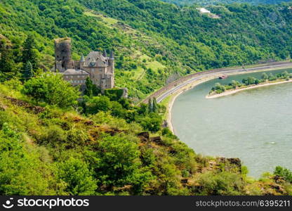 Katz Castle at Rhine Valley (Rhine Gorge) near St. Goarshausen, Germany. Built in 1371 and rebuilt in 1896.