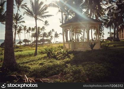 Kauai is Hawaii&rsquo;s fourth largest island and is sometimes called the Garden Island, which is an entirely accurate description. Wooden pavilion, palm trees, the sea and almost sunset in Kauai, US