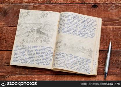 Kayak expedition journal - handwriting in Polish and drawing in pencil. Travel log from paddling trip across north eastern Poland written by me, photographer, in August 1974.