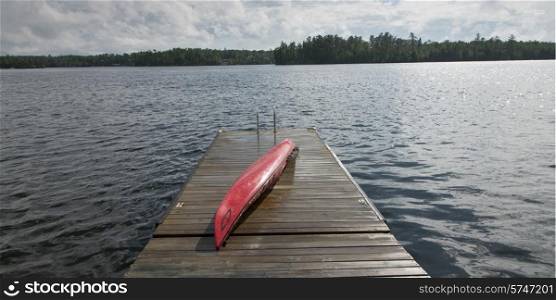 Kayak on a boardwalk, Lake of The Woods, Ontario, Canada