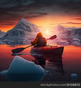 Kayaker on kayak boat in Antarctica. Generative AI. High quality illustration. Kayaker on kayak boat in Antarctica. Generative AI