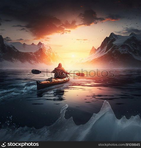 Kayaker on kayak boat in Antarctica. Generative AI. High quality illustration. Kayaker on kayak boat in Antarctica. Generative AI