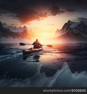Kayaker on kayak boat in Antarctica. Generative AI. High quality illustration. Kayaker on kayak boat in Antarctica. Generative AI