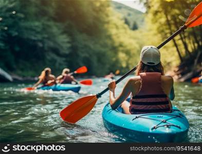 Kayaking trip vacation at river in summer sunny day.AI generative.