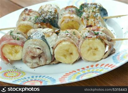 kebabs mackerel, banana and bacon.African cuisine