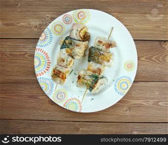 kebabs mackerel, banana and bacon.African cuisine