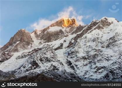 Kedarnath mountain at sunrise, it is a mountain in the Gangotri Group in the Garhwal Himalaya in Uttarakhand state, India.
