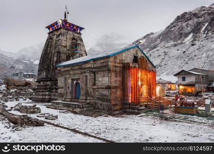 Kedarnath Temple at night, it is a hindu temple dedicated to Shiva, India.