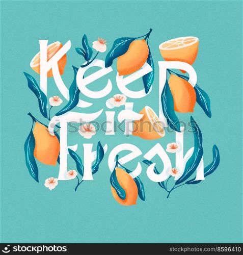Keep it fresh lettering illustration with lemons. Hand lettering  fruit and floral design in bright colors. Colorful illustration.