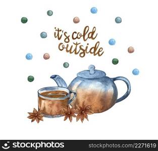 Keep warm and drink hot drink. Glass tea pot, transparent mug with tea, cinnamon, Watercolor hand drawn illustration.