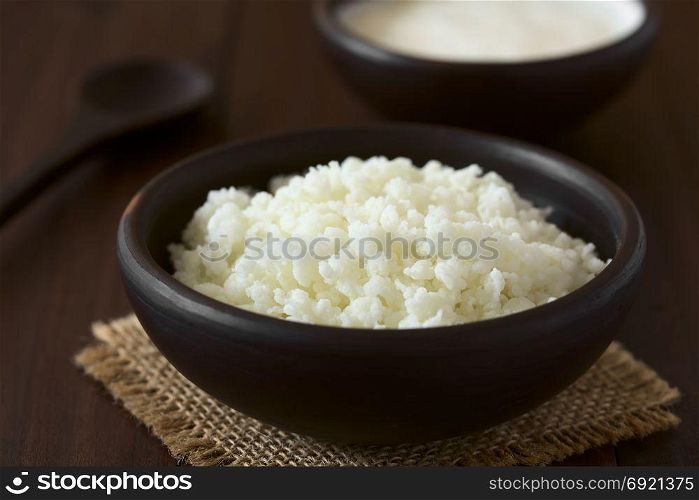 Kefir grains in rustic bowl, photographed with natural light (Selective Focus, Focus one third into the kefir grains). Kefir Grains