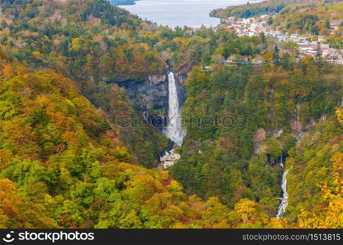 Kegon Falls and Chuzenji lake in autumn view at Akechidaira Ropeway Station, Nikko, Japan.