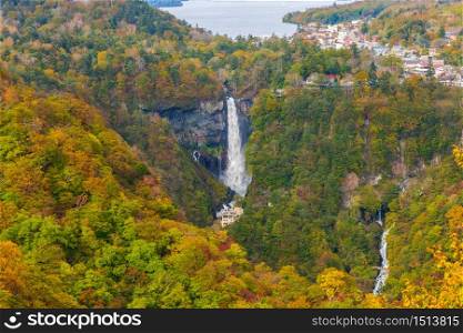 Kegon Falls and Chuzenji lake in autumn view at Akechidaira Ropeway Station, Nikko, Japan.