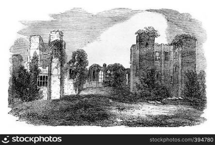 Kenilworth castle ruins, belonging to Leicester, vintage engraved illustration. Colorful History of England, 1837.