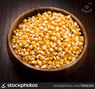 kernels, Corn seeds on wood bowl