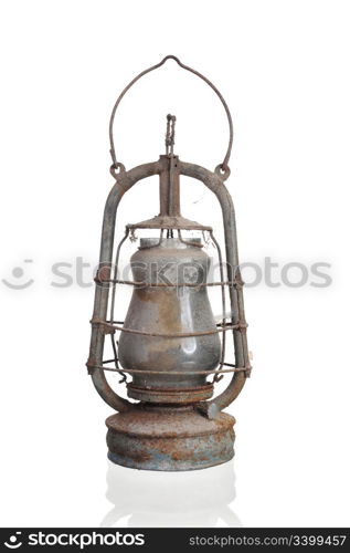 Kerosene lamp covered with cobwebs. Isolated on white background