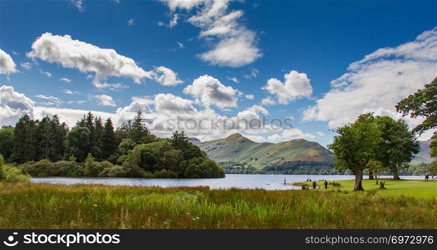 Keswick, United Kingdom - 12 August, 2017: Idyllic scene of Lake Derwent Water in the Lake District in Cumbria, UK