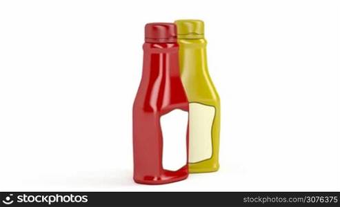 Ketchup and mustard bottles with blank labels on white background