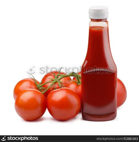 Ketchup bottle and fresh tomatoes isolated on white