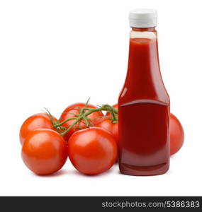 Ketchup bottle and fresh tomatoes isolated on white
