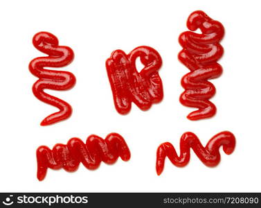 Ketchup splashes isolated on white background. Tomato sauce. Top view, flat lay