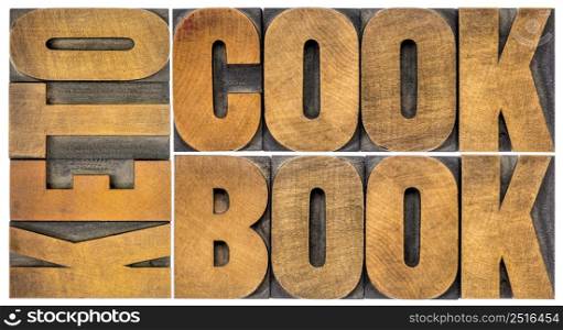 keto cookbook word abstract - isolated text in letterpress wood type, healthy diet and eating concept