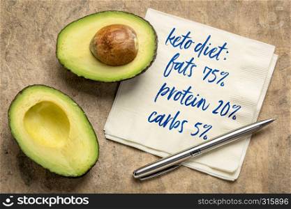 keto diet concept: 75% fats, 20% protein, 5% carbs - handwriting on napkin with a cut avocado against bark paper
