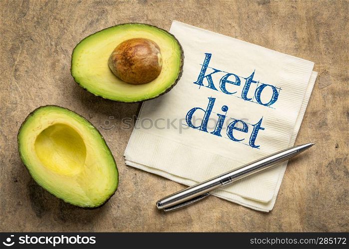 keto diet - handwriting on napkin with a cut avocado against bark paper