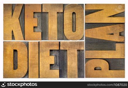keto diet plan - isolated word abstract in vintage letterpress wood type, healthy ketogenic diet with high fats and low carbs