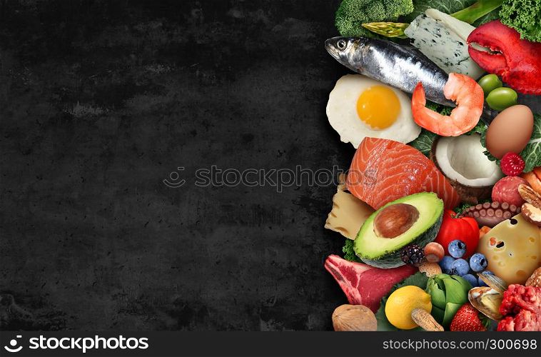 Keto food background as a nutrition lifestyle and ketogenic diet low carb and high fat eating as fish nuts eggs meat avocado and other healthy ingredients as a therapeutic meal with text area in a 3D illustration style.