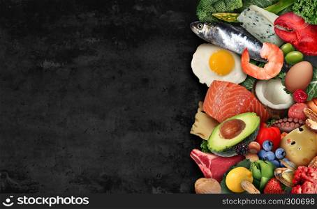 Keto food background as a nutrition lifestyle and ketogenic diet low carb and high fat eating as fish nuts eggs meat avocado and other healthy ingredients as a therapeutic meal with text area in a 3D illustration style.