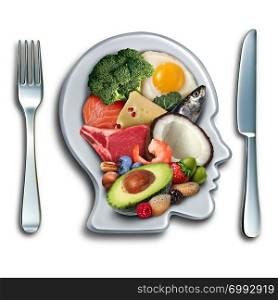 Keto ketogenic diet low carb and high fat food eating lifestyle as fish nuts eggs meat avocado and other nutritious ingredients as a therapeutic meal lifestyle on a plate shaped as a head with 3D illustration elements.