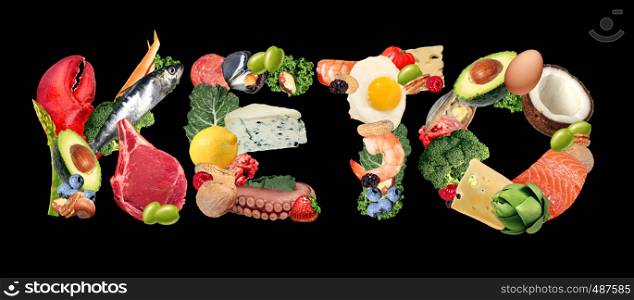 Keto ketogenic food text diet as a low carb and high fat food eating lifestyle as fish nuts eggs meat avocados as a therapeutic meal isolated on a black background with 3D illustration elements.