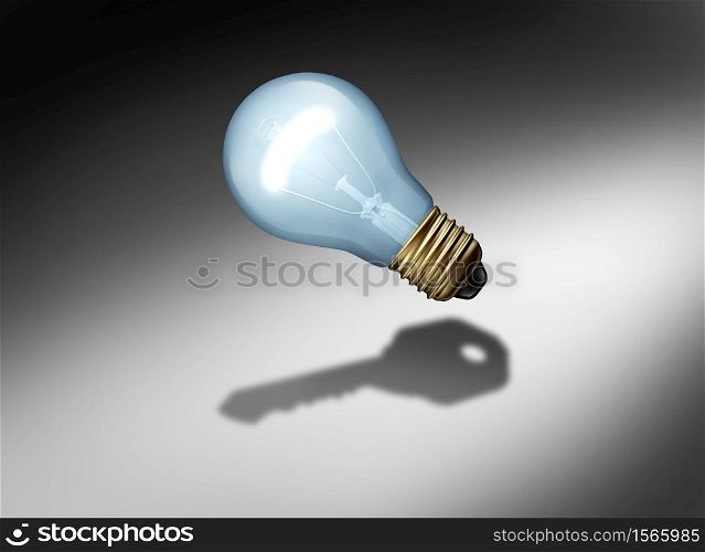 Key bulb power of ideas and creative ideas as a light bulb or lightbulb casting a shadow as a creativity metaphor or business concept for thinking security innovation as a 3D illustration elements.