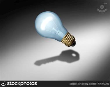 Key bulb power of ideas and creative ideas as a light bulb or lightbulb casting a shadow as a creativity metaphor or business concept for thinking security innovation as a 3D illustration elements.