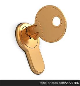 Key in the lock on white isolated background. 3d