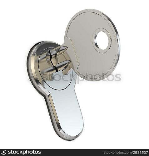 Key in the lock on white isolated background. 3d