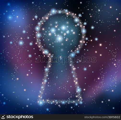 Key inspiration and finding answers or solutions in a brainstorm concept as a night sky with a group of stars and planets as a bright space constellation in the shape of a keyhole.
